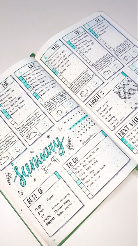 Blue themed journal notebook design with calligraphy drawings to help you track your life Bujo Weekly Tracker, Bujo Tracker Ideas Weekly, Week Bujo Layout, Bujo Inspiration Mood Tracker, Bujo Page Inspiration, Bujo Life Tracker, Bujo Weather Tracker Ideas, Weekly Tracker Bullet Journal, January Bujo Weekly Spread