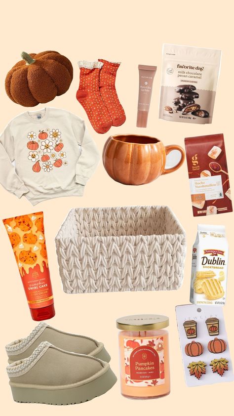 Fall Pumpkin Basket 🍂🤎🎃 Autumn Present Ideas, Friendsgiving Basket Ideas, Fall Birthday Gift Ideas, Fall Giveaway Ideas, Thankful Basket Ideas, Thankful Basket, Fall Birthday Gifts, Shapes Preschool Crafts, Fall Gift Basket Ideas