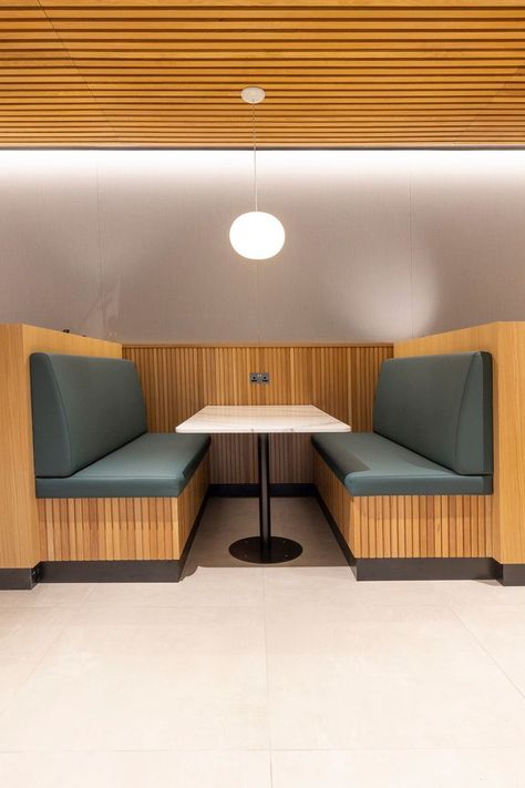 A booth area for informal meetings / design in an office cafeteria with feature ribbed timber joinery Restaurant Booth Design, Restaurant Seating Design, Office Cafeteria, Booth Seat, Timber Joinery, Booth Table, Hotel Room Interior, Pharmaceutical Company, Restaurant Seating