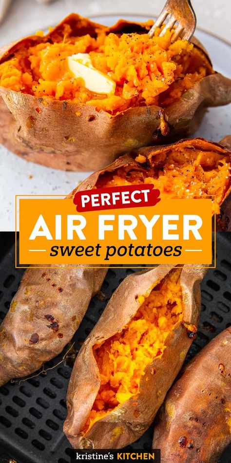 Air Fryer Sweet Potatoes, Perfect Baked Sweet Potato, New Air Fryer Recipes, Sweet Potato Recipes Baked, Friends Recipes, Baked Sweet Potatoes, Air Fryer Oven Recipes, Air Fry Recipes, Cooking Sweet Potatoes