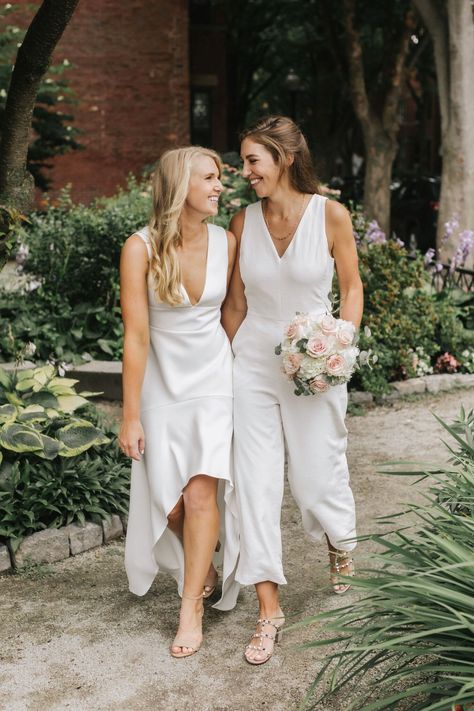 Lesbian Wedding Fashion, Wedding Dresses For Tomboys, Lesbian Elopement Outfits, Wedding Dress Lesbian Brides, Boyish Wedding Dress, Elope Celebration, Casual Lesbian Wedding, Lesbian Wedding Party Outfits, Lesbian Bride Outfit