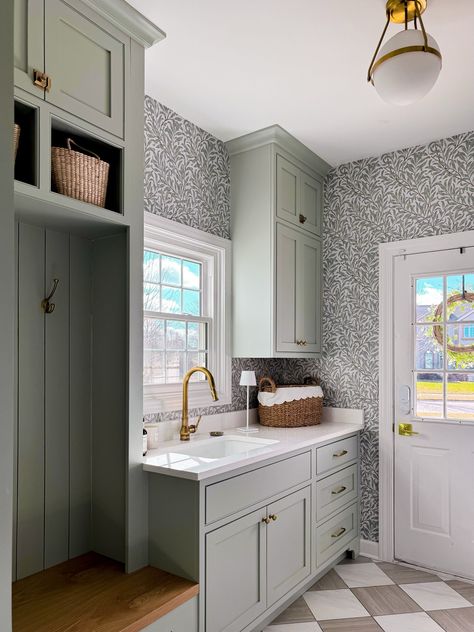 Tami OMalley - Our Serene and Green Laundry | Mudroom Renovation Green Laundry Room Cabinets, Green Laundry Room, Oak Bench Seat, Laundry Mudroom, Mudroom Cabinets, Green Laundry, Mudroom Laundry Room, Laundry Room Renovation, Mudroom Design