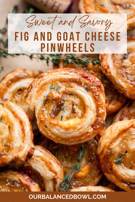 photo of baked pinwheels with thyme as a garnish Goat Cheese Pinwheels, Fig And Goat Cheese, Fig Preserves, Pinwheels Recipe, Cheese Pinwheels, Creamy Goat Cheese, Snacks Für Party, Party Food Appetizers, Sweet And Savory