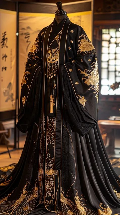 The image shows a black hanfu with golden embroidery. The hanfu is a traditional Chinese garment ->> more details in ai-img-gen.com Chinese Emperor Clothing, Black Hanfu, Cloud Embroidery, Court Attire, Props Design, Chinese Emperor, Black Cloak, Golden Embroidery, Golden Dragon