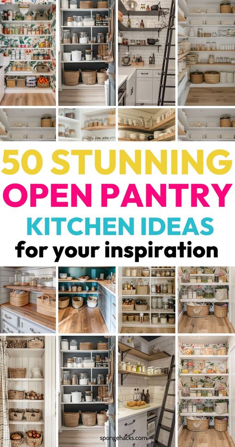 Get these stunning open pantry shelving ideas for your small kitchen renovation or update. Pantry Open Cabinets, Open Shelving Pantry Kitchen Ideas, Food Storage No Pantry Small Kitchens, Small Kitchen Pantry Organization Ideas, Open Shelf Pantry Organization, Open Pantry Design Ideas, Open Shelf Pantry In Kitchen, Open Pantry Shelving Ideas, Open Pantry Shelving