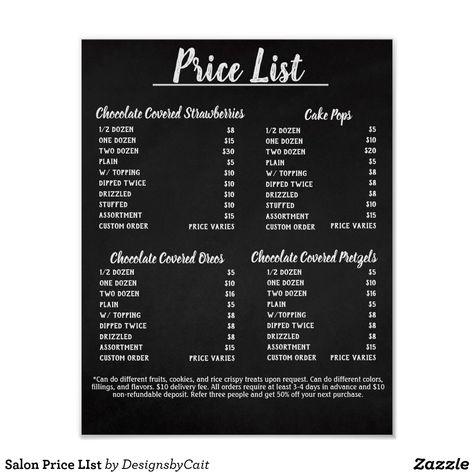 Salon Price LIst Poster https://www.zazzle.com/z/ac1sc7iw #ZazzleMade Sweet Treats Price List, Pop Up Shop Price List Ideas, Bake Sale Price List Template, Candy Apple Price List, Diy Price List Board, Bake Sale Pricing Guide, Cake Pop Pricing Chart, Cake Pops Price List, Party Planning Price List