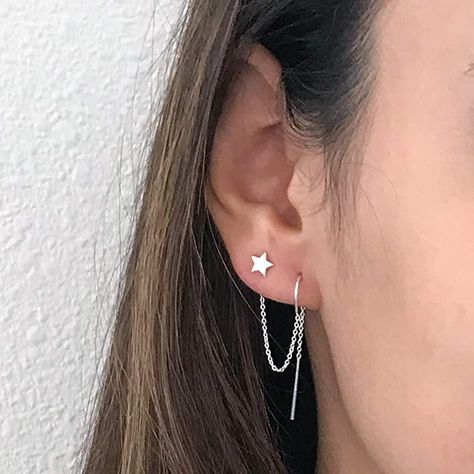 2nd Ear Piercing, Star And Moon Earrings, Second Ear Piercing, Minimalist Ear Piercings, Second Hole Earrings, Double Ear Piercings, Ear Piercing Studs, Pretty Ear Piercings, Double Piercing