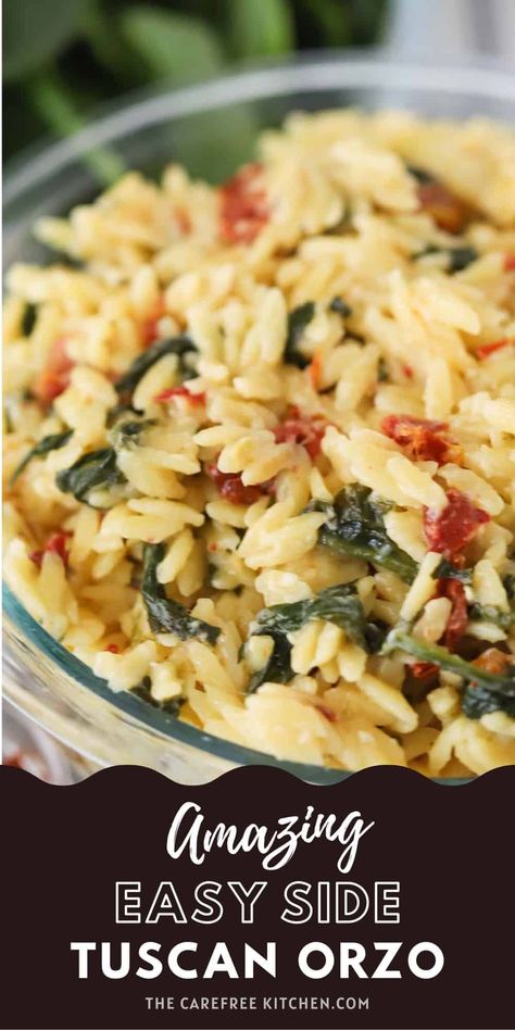 This Creamy Tuscan Orzo is an easy one pot recipe that’s full of flavor and super satisfying. Filled with sun-dried tomato, spinach, and Parmesan cheese in a creamy sauce, this orzo recipe works as either a side dish or a main course. #thecarefreekitchen #orzo #pasta #sidedish #italian #sundriedtomatoes #spinach #onepot Orzo Recipes With Spinach, Orzo Healthy Recipes, Easy Tasty Side Dishes, Dishes With Orzo Pasta, Recipes Using Orzo Pasta, Easy Orzo Dinner, Cold Orzo Recipes, Recipes Using Orzo, Italian Orzo Pasta