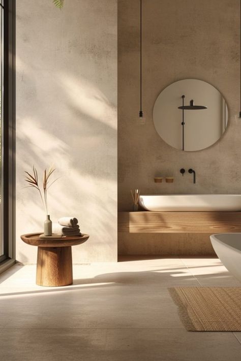 Minimalist Organic Design, Natural Color Bathroom Ideas, Minimalist Home Design Ideas, Organic Master Bath, Muji Toilet, Bathroom Design 2024, Wasabi Design, Office Bathroom Ideas, Natural Bathrooms