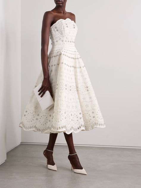 Ivory Strapless crystal-embellished broderie anglaise faille midi dress | OSCAR DE LA RENTA | NET-A-PORTER Designer Hair Accessories, Oscar Dresses, Strapless Midi Dress, White Midi, Clothes Collection, Dolce & Gabbana, Fitted Bodice, Hat Hairstyles, Jeans Dress