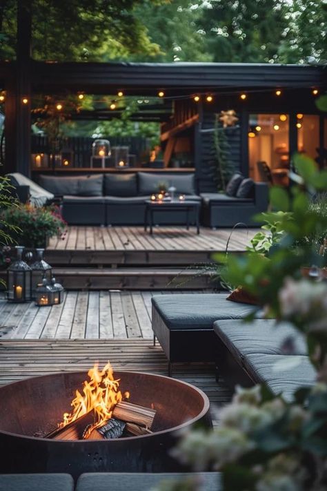 Cozy Deck Ideas with Firepit for Your Home Relaxing Deck Ideas, Fire Pit In Deck, Cozy Deck Ideas, Patio Firepits, Black Decking Ideas, Fire Pit On Wood Deck, Back Deck Ideas, Small Deck Ideas, Cozy Deck