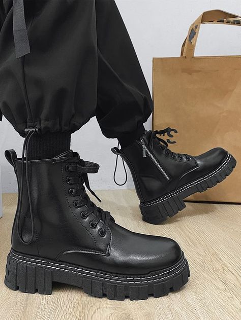 Boot Styles For Men, How To Style Boots Men, Boots For Men Aesthetic, Mens Black Combat Boots, Black Platform Boots Men, Emo Boots Men, Grunge Boots Men, Mens Goth Boots, Black Boots Men Outfit Aesthetic