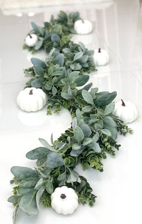 Sage Green And White Fall Decor, White Pumpkins Wedding Decorations, Fall White Pumpkin Wedding, Fall Wedding White Pumpkins, Lambs Ear Wedding Centerpieces, Green Themed Engagement Party, White Pumpkin Eucalyptus Centerpiece, Fall Engagement Party Centerpieces, White Pumpkin Wedding Decor