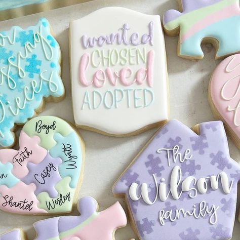 Adoption Party Cookies, Puzzle Piece Adoption Party Ideas, Adoption Court Day Ideas, Missing Piece Adoption Party, Adoption Party Decorations, Adoption Shower Theme, Adoption Photo Shoot Family Pics, Adoption Day Cookies, Adoption Party Ideas Decoration