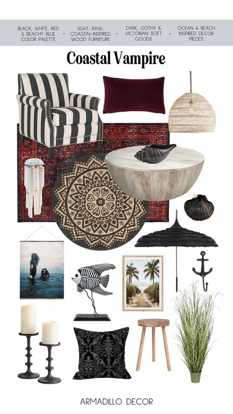 Project Photos — Armadillo Decor | Interior Decor Coastal Gothic Decor, Dark Coastal Decor, Moody Beach House, Goth Boho Decor, Bold Nursery, Dark Homes, Moody Bohemian, Beach Goth, Gothic Summer