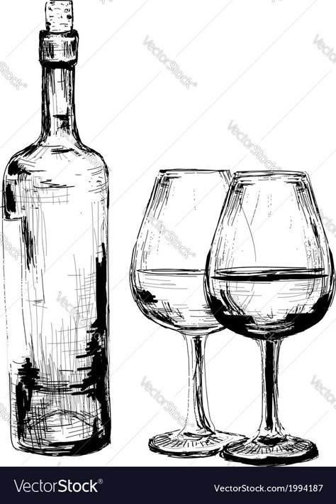 Wine Bottle Drawing, Wine Glass Drawing, Bottle Drawing, Pen Art Drawings, Object Drawing, Wine Art, Still Life Drawing, Bottle Of Wine, Arte Sketchbook