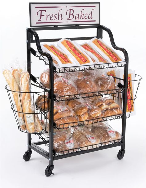 Bakery Display Rack w/ Wheels, 4 Shelves, 2 Side Baskets & Header - Black Food Merchandising, Side Basket, Bread Display, Bakery Kitchen, Wire Shelves, Bakery Display, Steel Frame Construction, Grocery Items, Bakery Shop