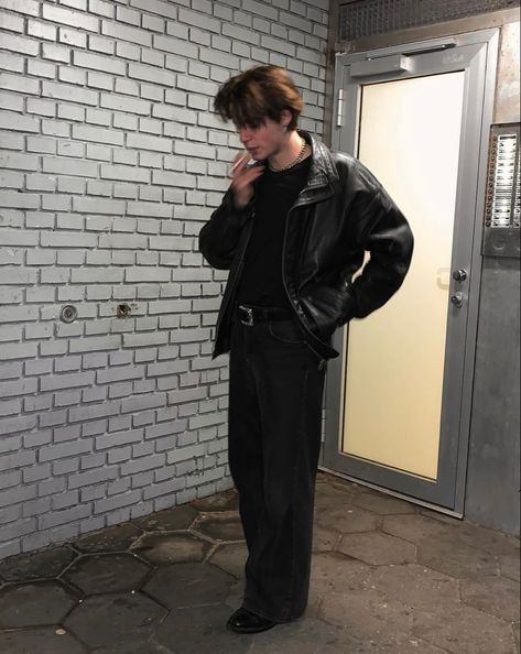 Edgy Male Aesthetic, Biker Outfit Men Aesthetic, Men Spy Outfit, Noir Fashion Men, Men Black Leather Jacket Outfit, 80s Rocker Outfit Men, Cropped Jacket Men Outfit, Neo Noir Outfit, Dark Men Outfit