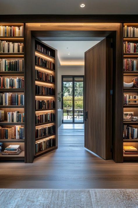 Bookcase door leading to a library in a modern mansion. Discover sleek, stylish modern house mansions that blend luxury with innovative design to inspire your dream home. Library In House Modern, Library Room Modern Luxury, In House Library Aesthetic, Contemporary Home Library, Aesthetic Room Library, Dream Home Office Luxury, Luxury Library Design, Home Library Design Ideas Bookcases, House Library Room