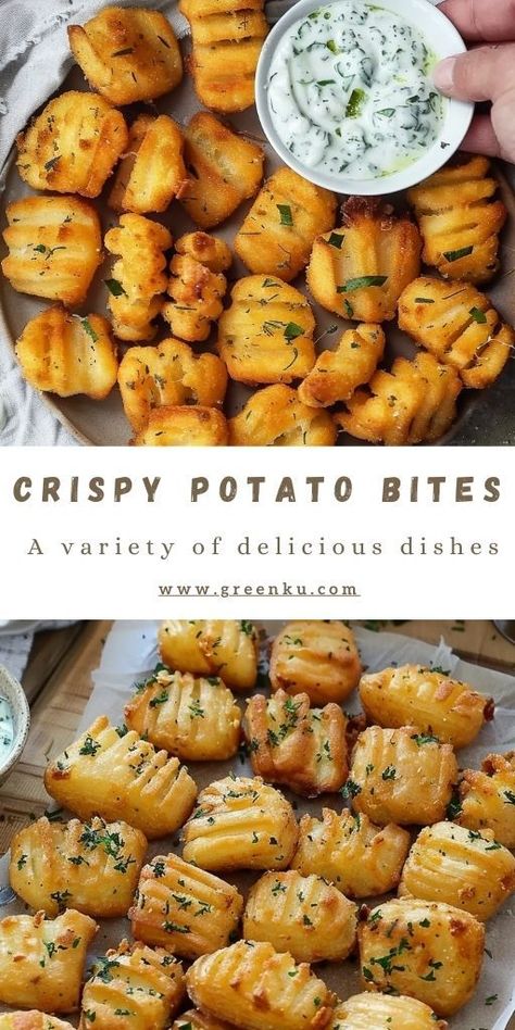 Crispy Potato Bites with Herb Yogurt Sauce Ingredients: Potato Bites 3 potatoes 1 teaspoon paprika Black pepper to taste 100 grams cornstarch (3.5 oz) Fresh parsley, chopped Olive oil for frying Salt to taste Herb Yogurt Sauce: 3 tablespoons Greek yogurt A bunch of fresh dill, chopped 1 tablespoon soy sauce 1 tablespoon mayonnaise #Crispy #PotatoBites Potatoes Ideas Side Dishes, Recipes To Use Up Potatoes, Small Dishes Food, Soy Sauce Veggies, Plain Food Recipes, Nibble Potatoes Recipe, Homemade Potato Recipes, Ways To Cook Red Potatoes, Food To Make With Potatoes