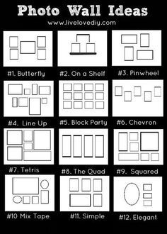 Photo wall arrangements. I like mirror image of no. 4 for up the stairs, two rows of no. 5 along wall opposite basement stairs Photo Gallery Wall Layout, Photo Wall Ideas, Walle Tattoo, Bedroom Summer, Baddie Apartment, Photowall Ideas, Moody Wallpaper, Paint Patterns, Photo Wall Display