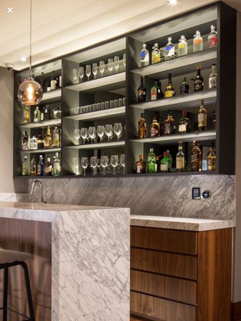 Walk Behind Bar Ideas For Home, Bar Shelves With Mirror Behind, Basement Bar Mirror Backsplash, Mirror Backsplash Bar Basement, Back Bar With Center Mirror, Small Bar Ideas, Bar Wall Design, Modern Home Bar Designs, Home Bar Counter