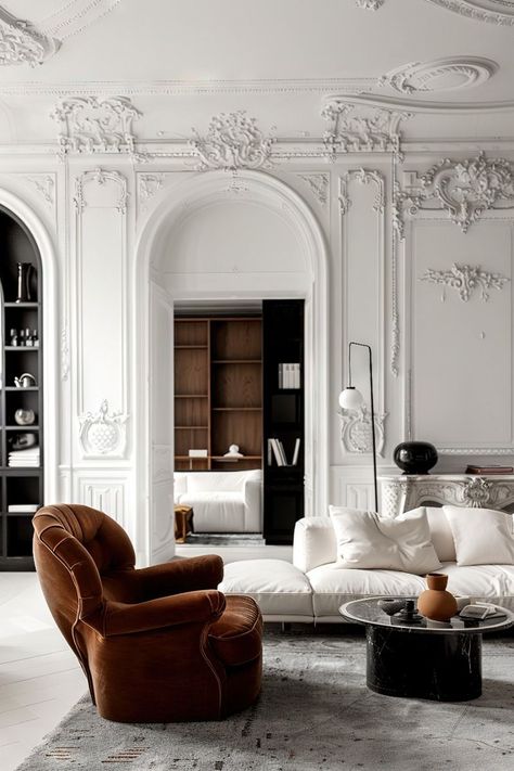 Discover French interior design tips for a stylish, cozy home. Learn how to mix classic and modern styles effortlessly. Neoclassical Home Decor, Parisian Modern Interior, Grey Floor Interior Design, Round Room Interior Design, Interior Design Classic Luxury, French Minimalist Interior, Empire Style Interior, Modern Chateau Interior, White Brown Interior