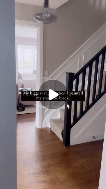 Becky Clarke on Instagram: "My biggest regret….   Is NOT starting this project sooner! Seriously, we love it! Having the bannister and rails all black has completely elevated the space.   For anyone thinking about painting their staircase black here’s my top tips!   1: Just do it. Trust your gut. It’s gonna look fab.   2: Before starting make sure you give everything a good clean. 🧼   3: If you’re doing this yourself a tanning mit makes all the difference. It’s so easy to use and creates a smooth finish especially on the bannister  4: Prepare for carnage. The first coat looks grim. You’ll be thinking 🤔 why did I do this? But by coat two you’ll be obsessed 😍   5: We used @frenchicpaint in the colour loof and I have 0 regrets it has a really mat finish and the quality is amazing. The lazy Black Paint For Stair Railing, Black Banister Ideas, Black Painted Railing Stairways, Black Risers On Stairs, Painted Black Stair Railing, Black Painted Stair Railing, Black Bannister Rail, All Black Staircase, Black Spindles Staircase