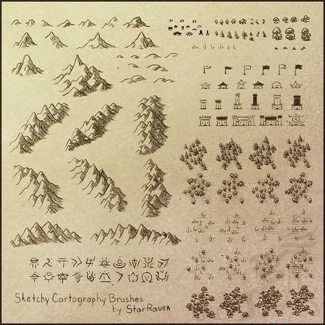 Sketchy Cartography Brushes by StarRaven Texture Photoshop, Cartography Map, Map Sketch, Fantasy Map Making, Mountains And Trees, Map Symbols, Fantasy World Map, Photoshop Brushes Free, Map Icons