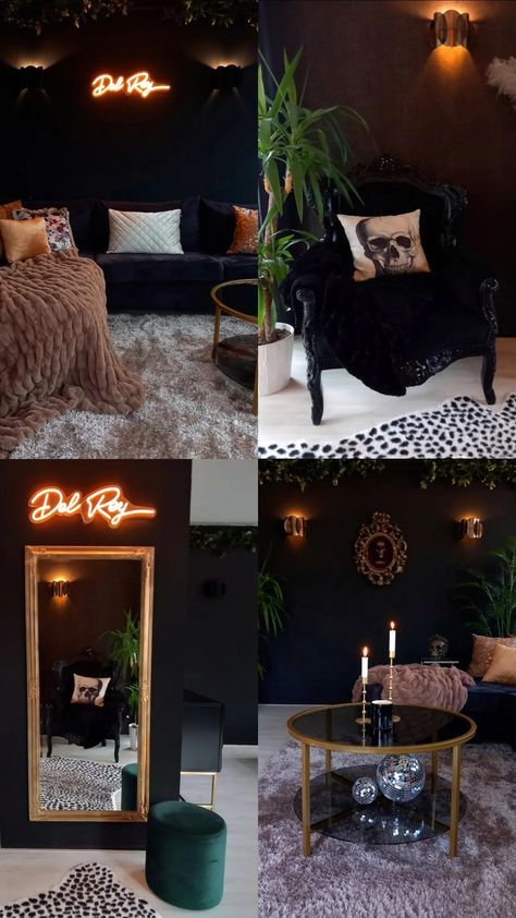 Goth Inspired Home Decor, Dark Maximalism Office, Black Studio Apartment Aesthetic, Glam Esthetician Room, Greenery Esthetician Room, Glam Witch Decor, Spunky Apartment, Moody Makeup Room, Lounge Rooms Ideas