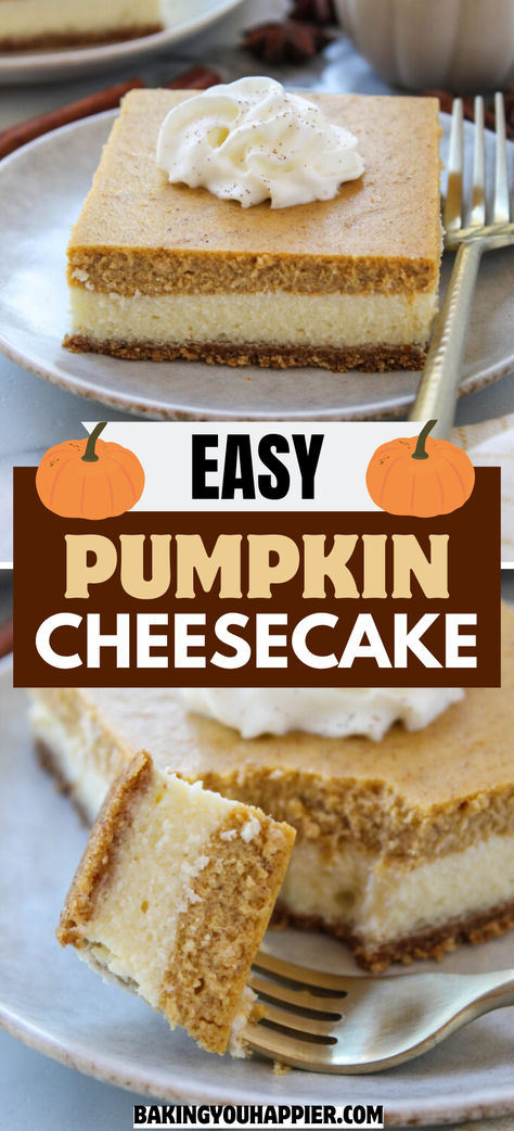 Pumpkin Cheesecake Bars, a creamy and delicious layered Fall dessert that will leave you craving more after every bite! Pumpkins Cheesecake Bars, Dairy Free Pumpkin Cheesecake Bars, Pumpkin Layer Bars, Gf Pumpkin Cheesecake Bars, Pumpkin Cheesecake Squares Bar Recipes, Easy Desserts To Make For Thanksgiving, Easy Cheap Thanksgiving Recipes, Easy Cheap Thanksgiving Desserts, Homemade Pumpkin Desserts