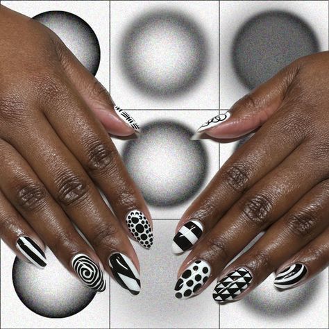 fun and funky black and white design, all hand drawn by me ⭐️ @julzfamousbling on IG 60s Nails 1960s, Black And White Clown Nails, Circus Nails Designs, Funky Manicure, Black And White Short Nails, Old School Nails, 60s Nails, Circus Nails, White Short Nails