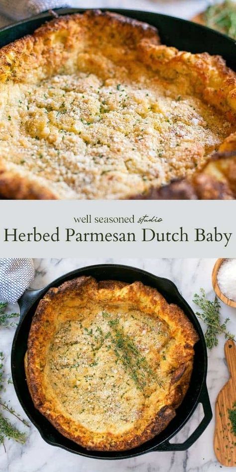 Herbed Parmesan Dutch Baby Savory Dutch Baby Recipe, Savory Dutch Baby, Dutch Baby Recipe, Dutch Baby Pancake, Cheese Breakfast, Scrumptious Food, Fruit Yogurt, Feed A Crowd, Dutch Baby