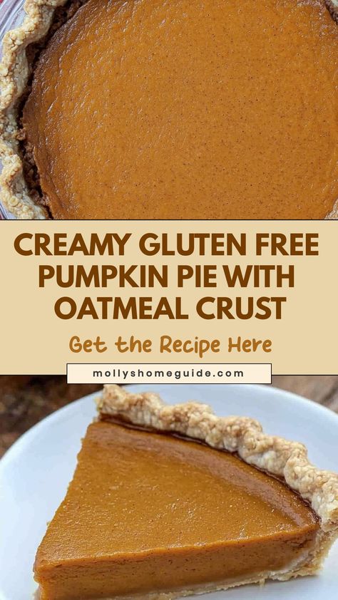 Delight in the flavors of fall with this scrumptious gluten-free pumpkin pie with an oatmeal crust. A warm and comforting dessert perfect for any gathering or holiday celebration. Indulge in every bite of this creamy, spiced pumpkin filling nestled in a cozy oatmeal crust that adds a delightful crunch. A decadent treat that's sure to please everyone at the table, whether they have dietary restrictions or not. Pumpkin Pie With Oatmeal Crust, Gluten Free Sugar Free Pumpkin Pie, Gluten Free Oatmeal Cake, Gluten Free Pumpkin Pie Crust, Pie With Oatmeal Crust, Oatmeal Pie Crust Recipe, Pumpkin Recipes Gluten Free, Oatmeal Pie Crust, Gluten Free Pumpkin Pie Recipe