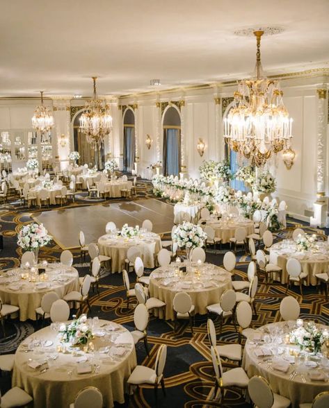 Reception Banquet Hall Decor, Wedding Venue Set Up Receptions, Ballroom Wedding Reception Layout, French Ballroom Wedding, Banquet Hall Wedding Reception, Chicken Alfredo Wedding Reception, Elegant Wedding Reception Tables, Wedding Area Indoor, Ceremony Set Up Indoor