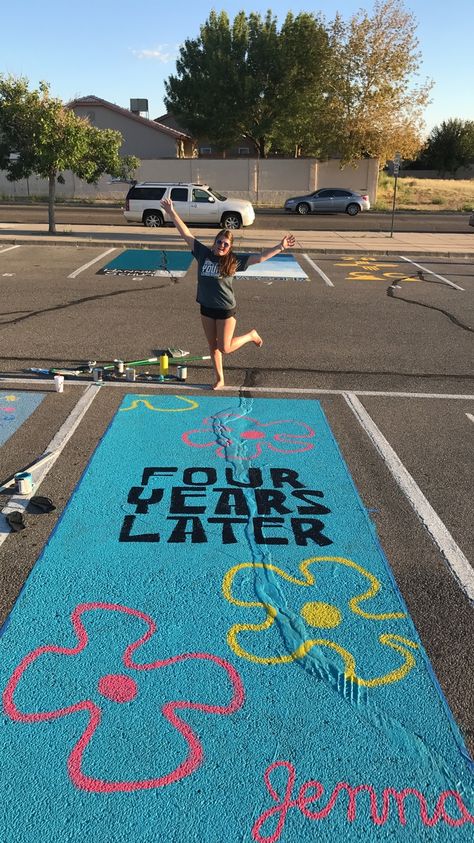 Cute Parking Spot Painting Ideas, Highschool Parking Spot Ideas, Painted Parking Spaces Ideas, Unique Senior Parking Spot Ideas, Senior Year Planning, Senior Parking Spot Ideas, Parking Spot Ideas, Senior Year Diy, Senior Year Scrapbook