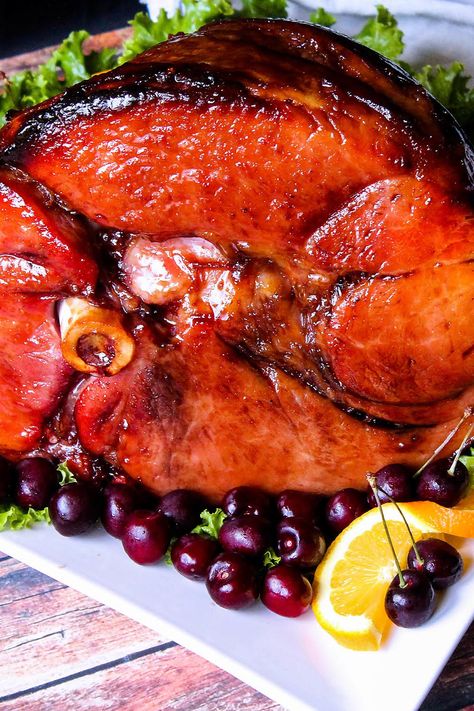 Bourbon Orange Glazed Ham, Cherry Bourbon Glazed Ham, Cherry Glaze For Ham, Cherry Bourbon Ham Glaze, Bourbon Ham Glaze, Cherry Glazed Ham, Bourbon Ham, Cherry Ham, Bourbon Glazed Ham