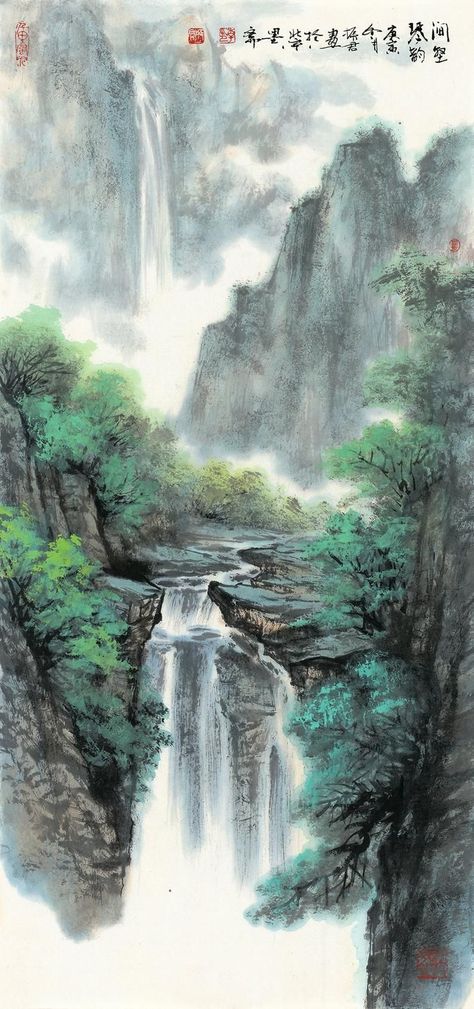 Chinese Landscape Art Print Vertical Large Size Ink Brush | Etsy #zicxa #image #background #wallpaper Waterfalls Painting, Chinese Landscape Art, Mountain And Waterfall, Japanese Waterfall, Landscape China, Chinese Mountains, Chinese Wall Art, Painting 101, Asian Landscape