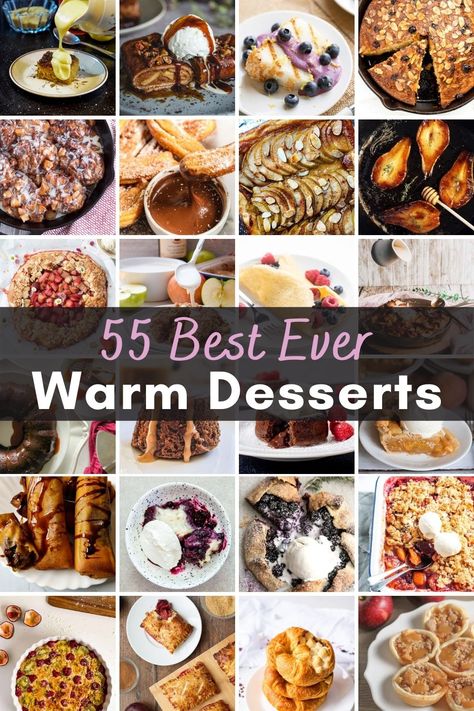 Collage of the best ever warm dessert recipe ideas, including puddings, warm cakes, galettes, cobblers, crumbles, crisps, pies, tarts, pastries and more! Quick Hot Desserts Easy Recipes, Hot Puddings Desserts, Rainy Day Recipes Desserts, Winter Sweets Ideas, The Country Cook Recipes Desserts, Sunday Lunch Dessert Ideas, Cold Day Baking Ideas, Winter Deserts Easy, Easy Hot Dessert Recipes