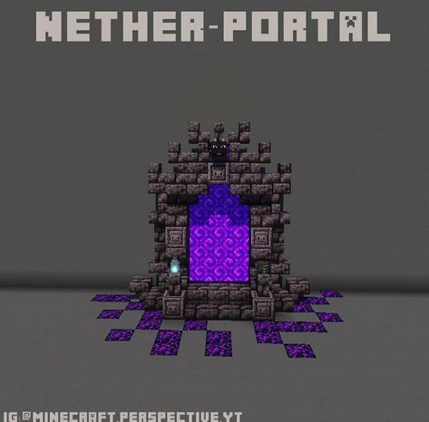 Minecraft Cave Nether Portal, Nether Portal Design In Wall, Portal Room Minecraft Ideas, Indoor Nether Portal Design, Mc Nether Portal Design, Minecraft Nether Room Design, Cool Minecraft Nether Portal Ideas, Cherry Wood Nether Portal, Black And Purple Minecraft Builds