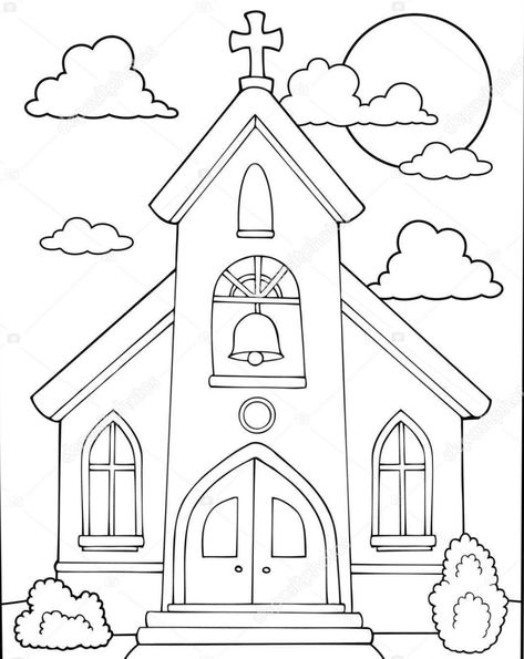 Church Coloring Pages For Kids, Church Drawing Easy, Church Cartoon, Church Coloring Pages, Church Drawing, Jesus Coloring Pages, Sunday School Coloring Pages, White Chapel, Coloring Pages Inspirational