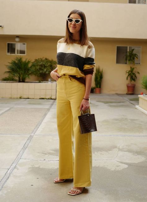 Yellow Jeans Outfit, Yellow Pants Outfit, Big Jeans, Affordable Jeans, Yellow Jeans, Cheap Purses, Popular Handbags, Yellow Pants, Handbags Affordable