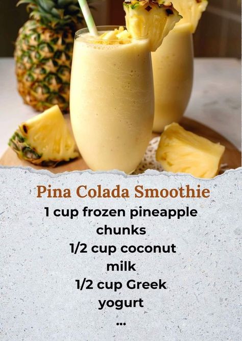 Pina Colada Smoothie... - The Bagwell's Everyday life Pina Colada Breakfast Smoothie, Easy Pina Colada Recipe, Pina Colada Smoothie Recipe, Smoothie Cleanse Recipes, Frozen Drink Recipes, Pina Colada Smoothie, Pina Colada Recipe, Fruit Smoothie Recipes Healthy, Energy Smoothies