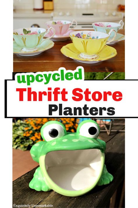 Upcycled Thrift Store Planters Diy Unique Planter Ideas, Handmade Plant Stand, Thrift Store Planter Ideas, Homemade Planters Diy Ideas, Diy Garden Ideas Decoration Creative, Unique Pots For Plants, Creative Flower Pot Ideas, Garden Ideas Decoration, Diy Upcycled Planters