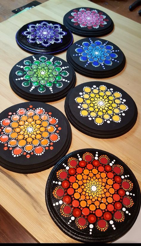 . Circle Dot Mandala, Mandala On Coasters, Mandala Coasters Wood, Dot Painting On Rocks Easy, Coaster Mandala Art, Chakra Dot Mandala, Dot Mandala On Coaster, Mandala Coasters Painted, Dot Painting Coasters