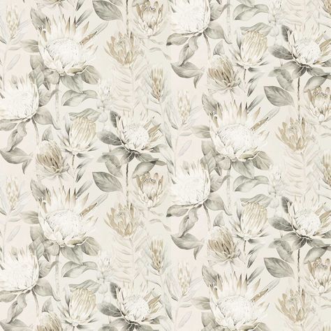 King Protea by Sanderson - Linen / Mica   - Wallpaper : Wallpaper Direct Protea Wallpaper, Protea Flowers, Farmhouse Wallpaper, Powder Room Wallpaper, King Protea, Feature Wallpaper, Neutral Wallpaper, Fashion Wallpaper, Wallpaper Direct