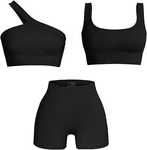 great quality workout set. cute one shoulder matching crop tank top set outfit Sport Bra And Shorts, Exercise Clothes For Women, Exercise Bras, Workout Clothes Women, Casual Night Out Outfit, Exercise Outfits, Workout Sets For Women, Gym Sets, Outfit Gym