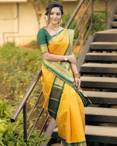 athulyaa ravi in a yellow silk saree by sundari silks for a wedding Yellow Kanchipuram Saree, Athulya Ravi, Green Blouse Designs, Gorgeous Saree, Yellow Color Combinations, Blue Blouse Designs, Simple Frock Design, Simple Frocks, Silk Saree Kanchipuram