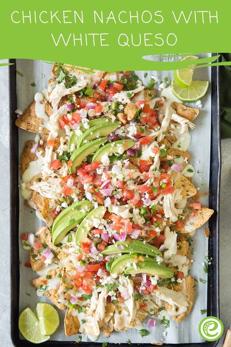 Chicken Nachos with White Queso | eMeals.com White Cheese Nachos, Chicken Nachos With White Queso, White Chicken Nachos, White Queso Nachos, Nachos Recipe With Queso, Chicken Nachos With Queso, White Queso Chicken, White Nachos, Mexican Chicken Nachos