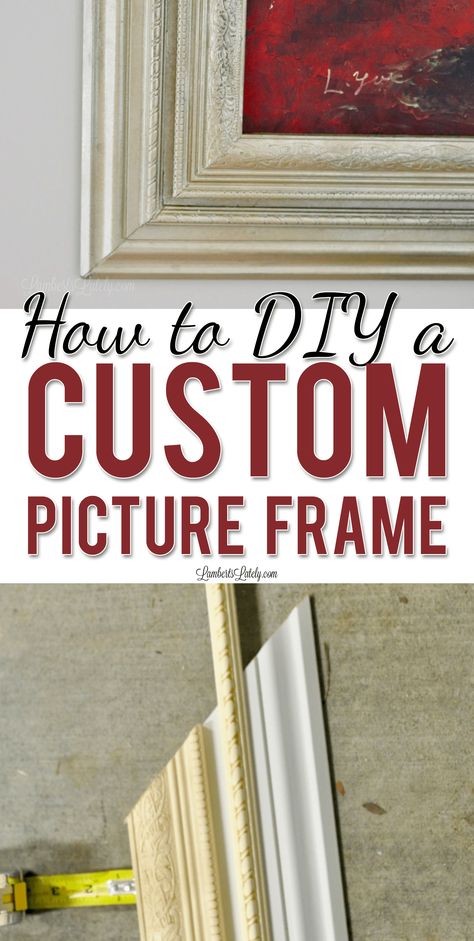 This tutorial for how to build a custom picture frame with baseboard and decorative trim moulding makes a great, ornate frame for canvases. Includes ideas on how to paint the frame with a gold/antique look with spray paint. How To Frame A Canvas Painting, How To Frame A Canvas, Build A Picture Frame, Diy Canvas Frame, Picture Frame Template, Framing Canvas, Pic Frame, Cute Picture Frames, Trim Moulding